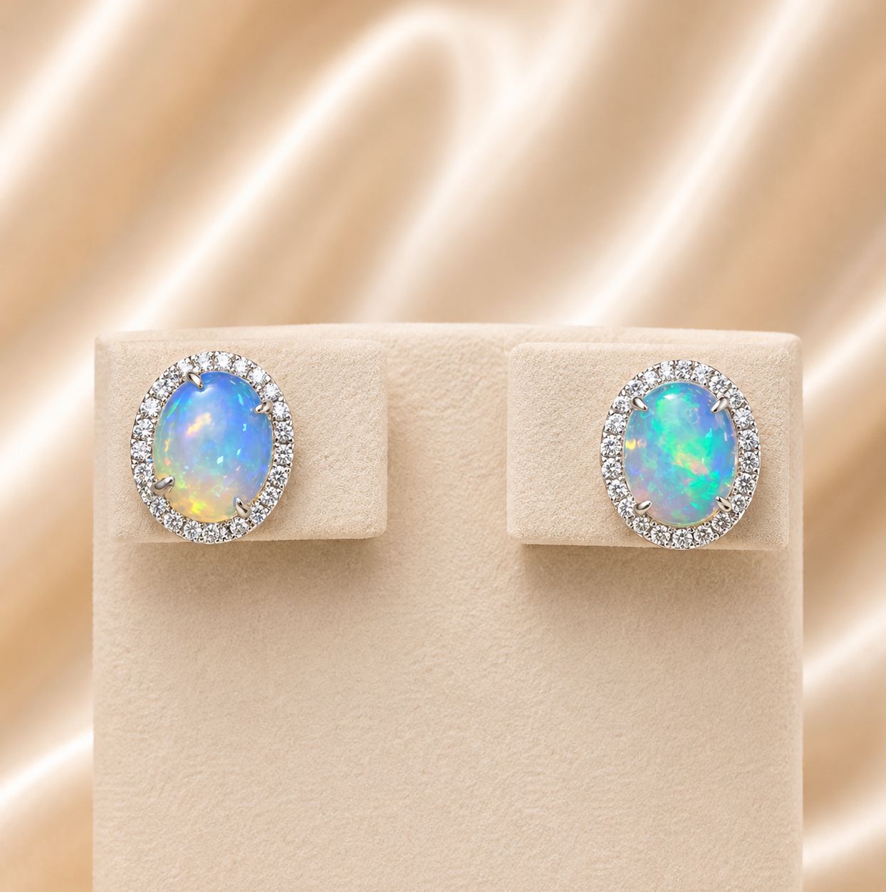 18KW Opal Oval Diamond Halo Earrings