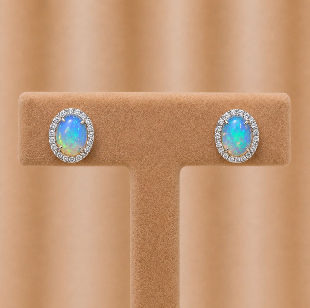White Gold Oval Opal Diamond Halo Earrings