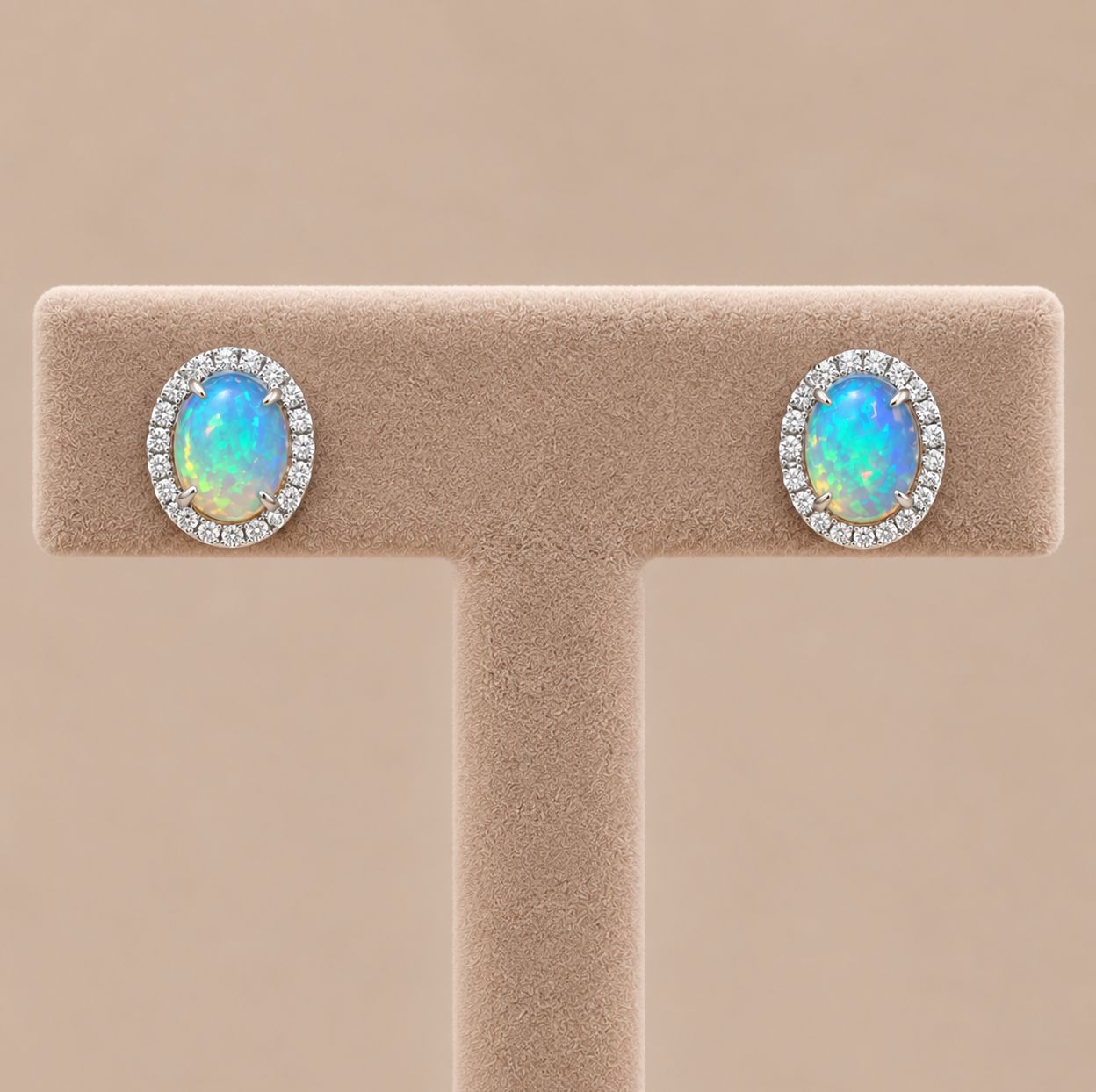 White Gold Oval Opal Diamond Halo Earrings