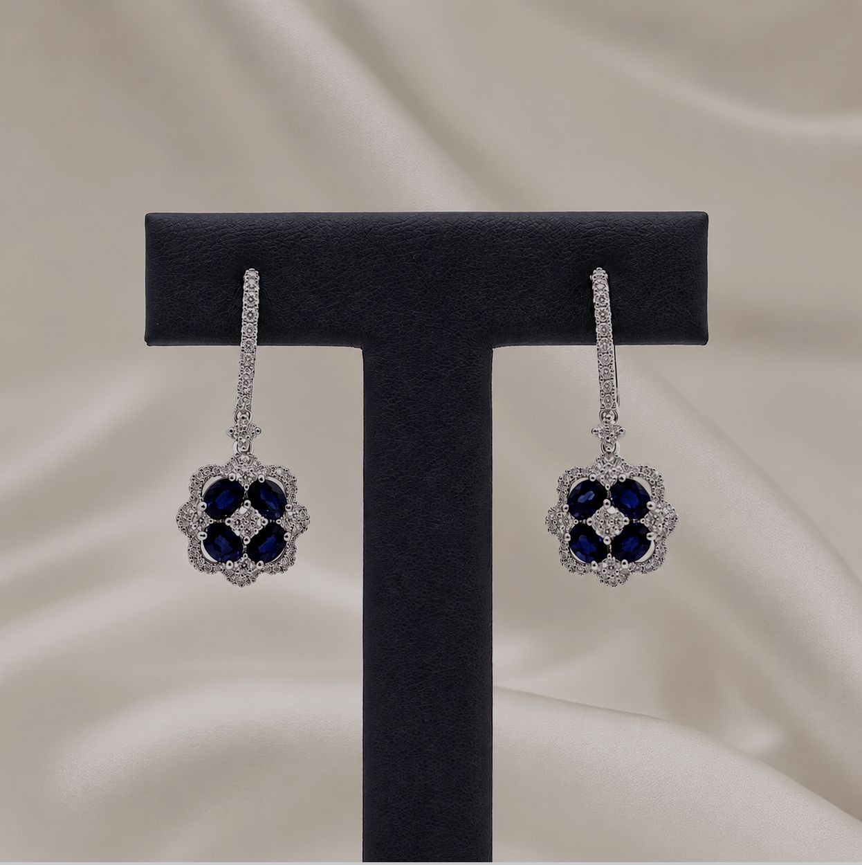 18KW Sapphire &amp; Diamond Flower Earrings