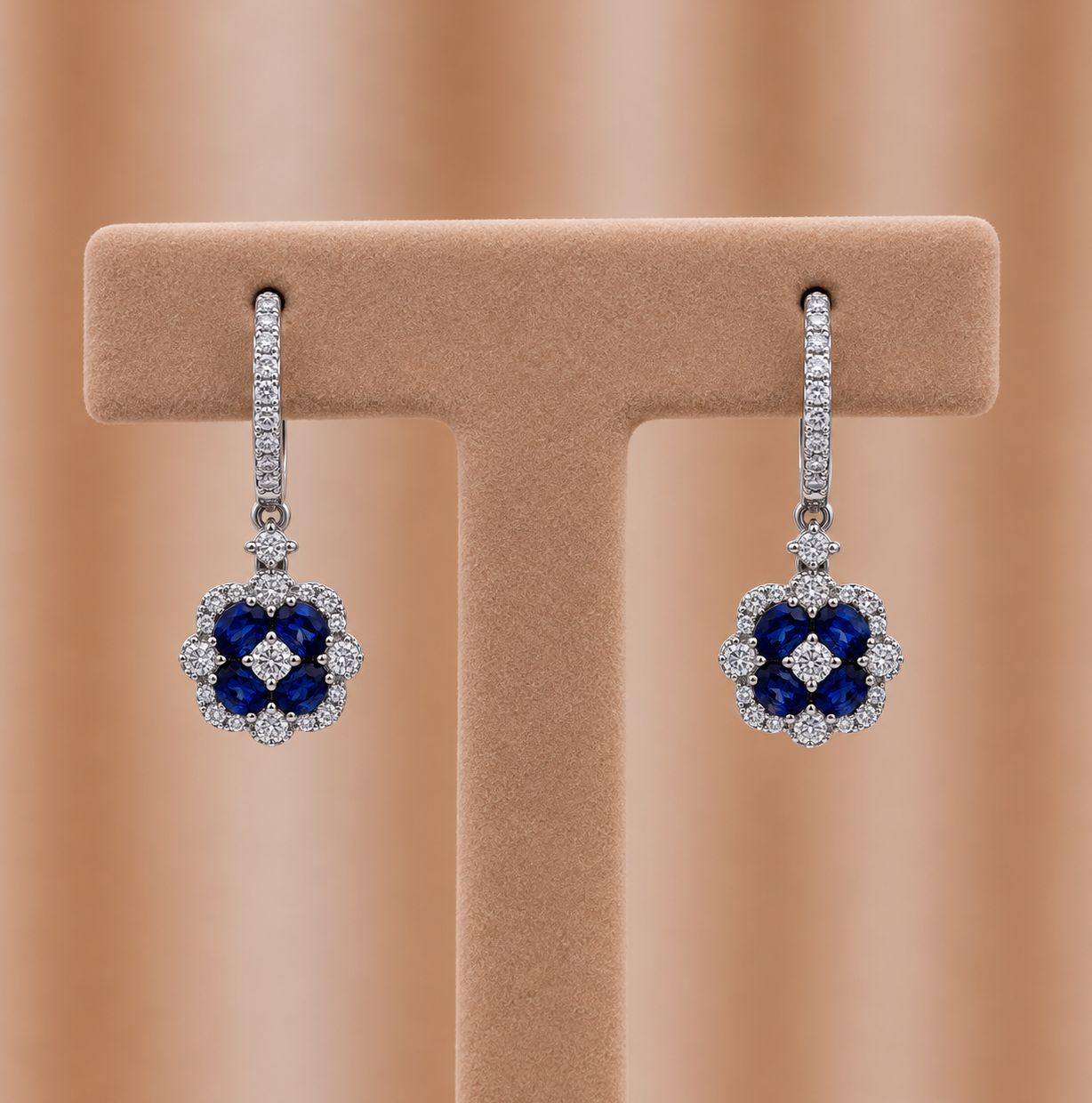 Sapphire  Diamond Flower Drop Earrings