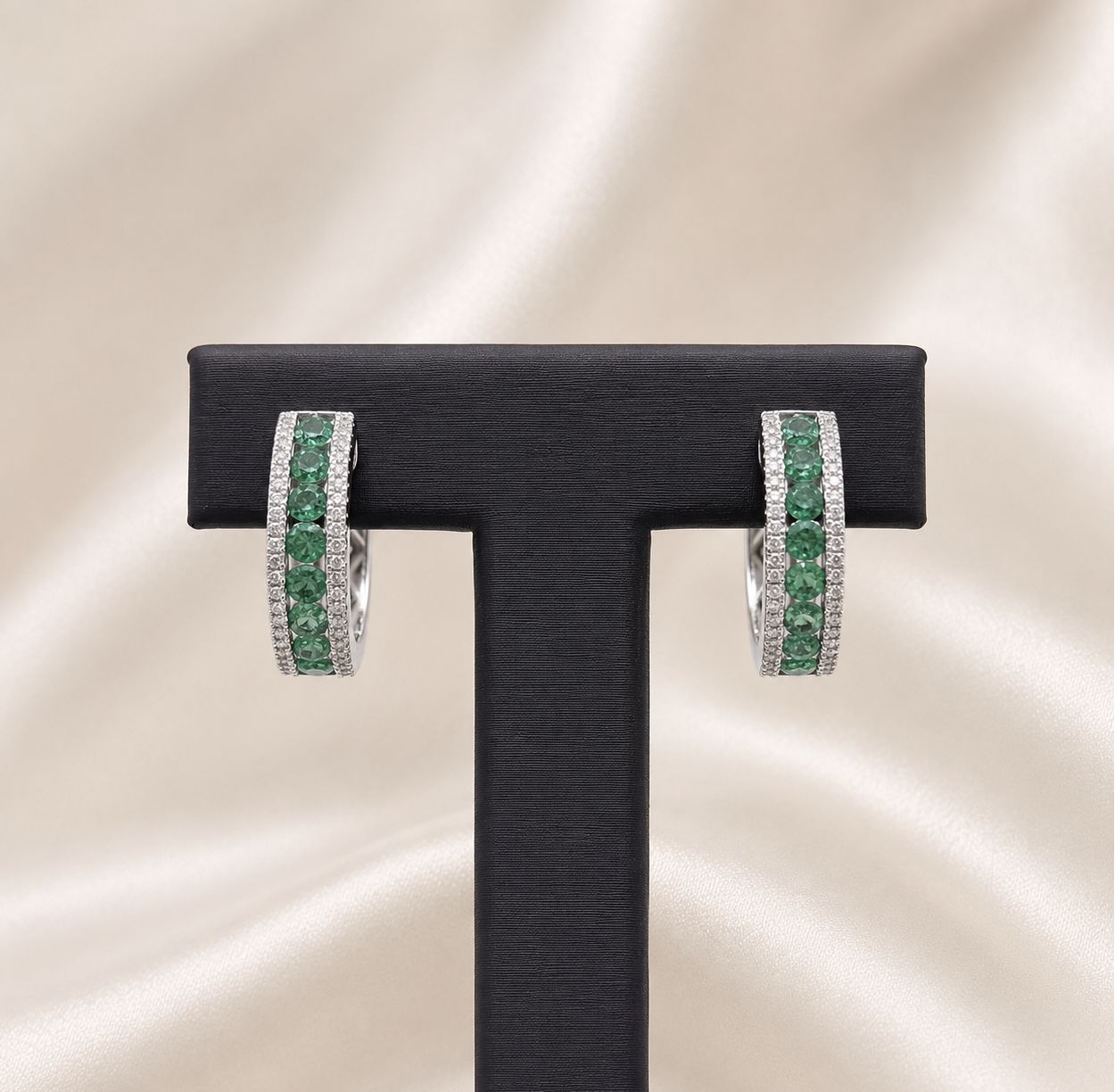 14KW Emerald &amp; Diamond Hoop Earrings