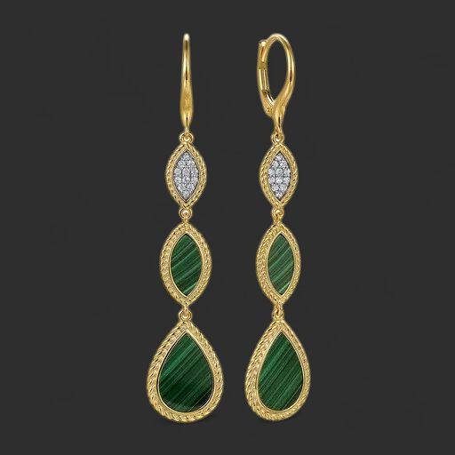 14K Yellow Gold Diamond and Malachite Rope Drop Earrings