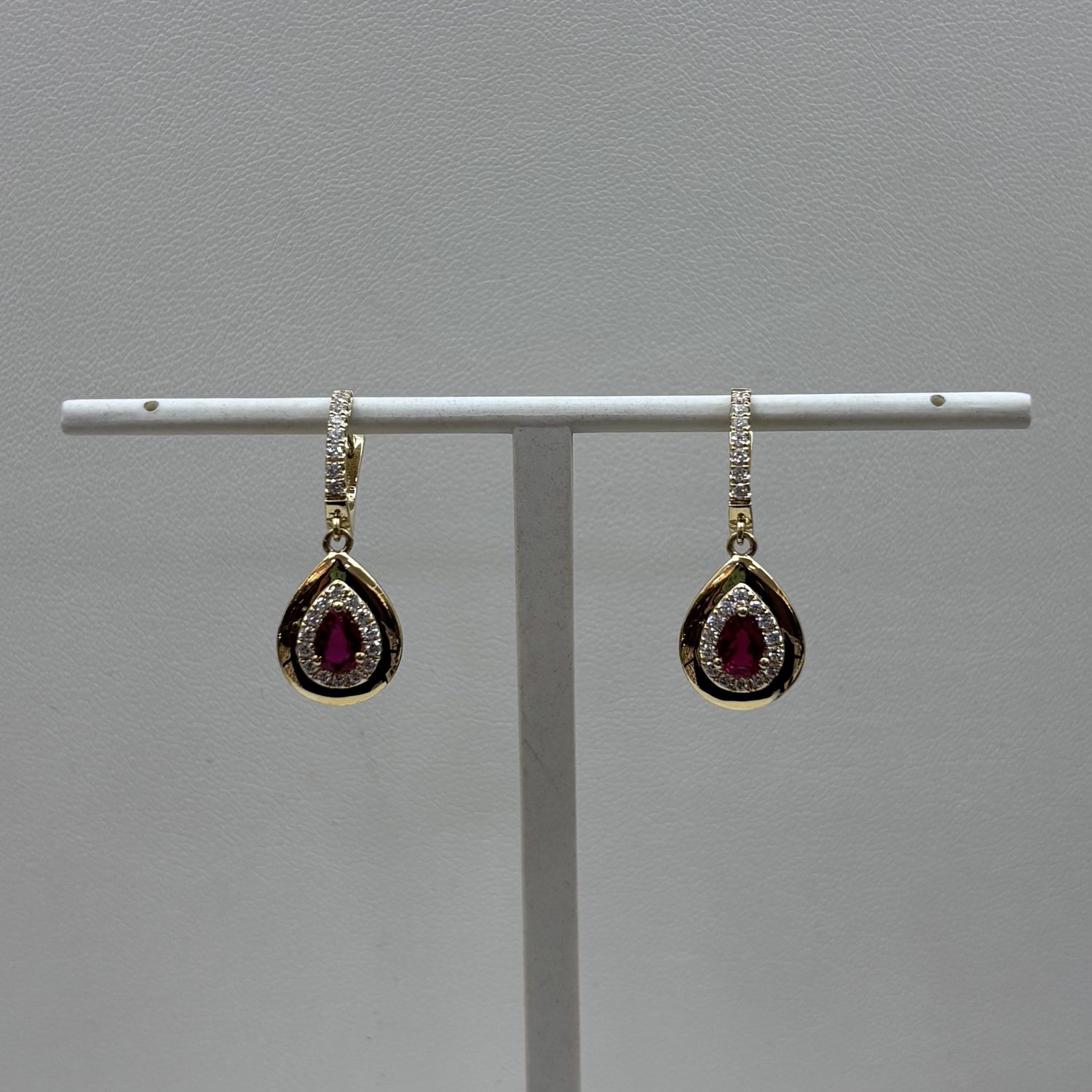 18KY Ruby w/ Diamonds Pear Shape Dangle Earrings