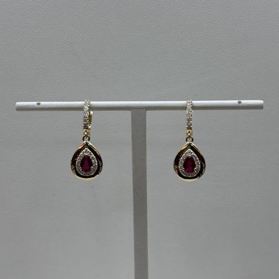 18KY Ruby w/ Diamonds Pear Shape Dangle Earrings