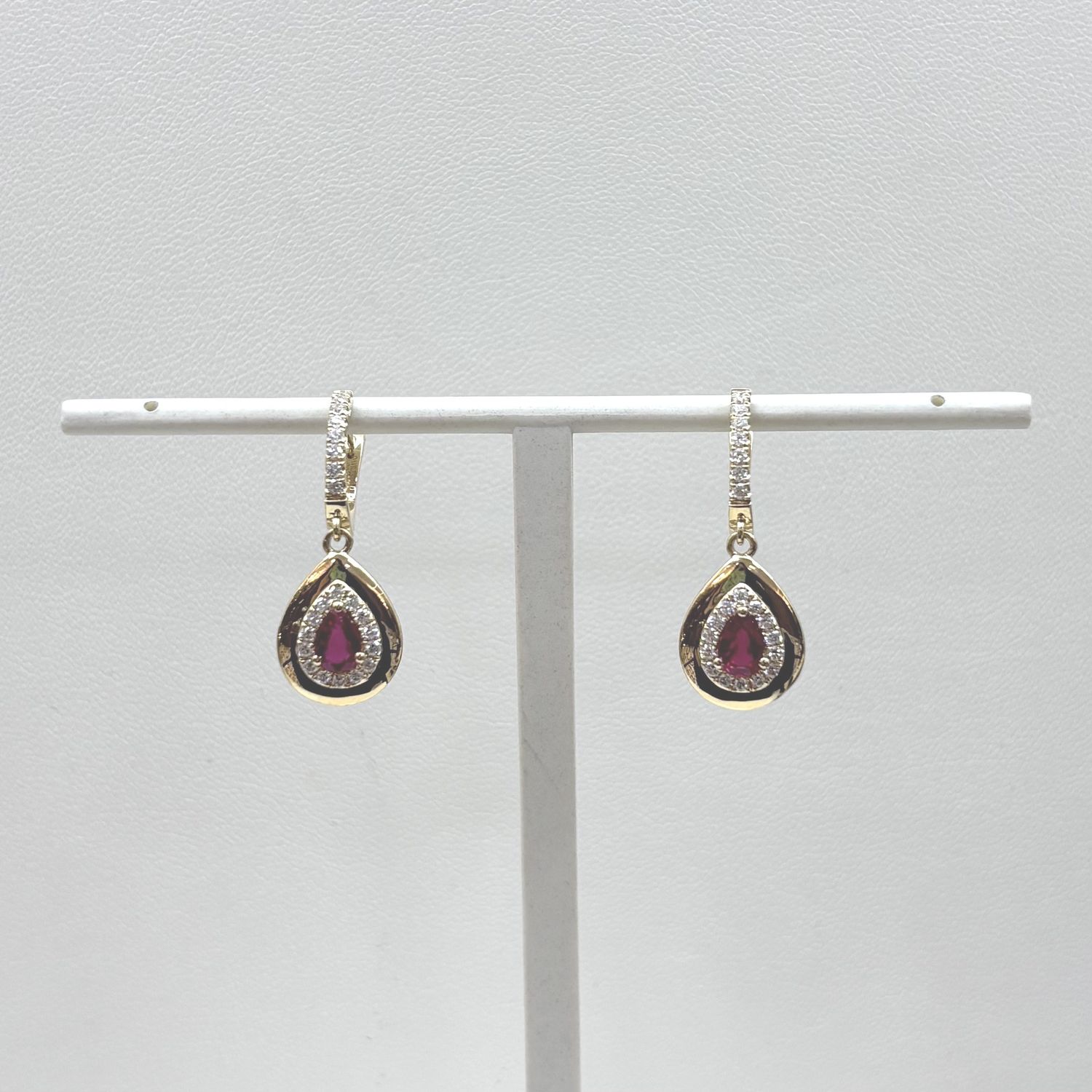 18KY Ruby w/ Diamonds Pear Shape Dangle Earrings