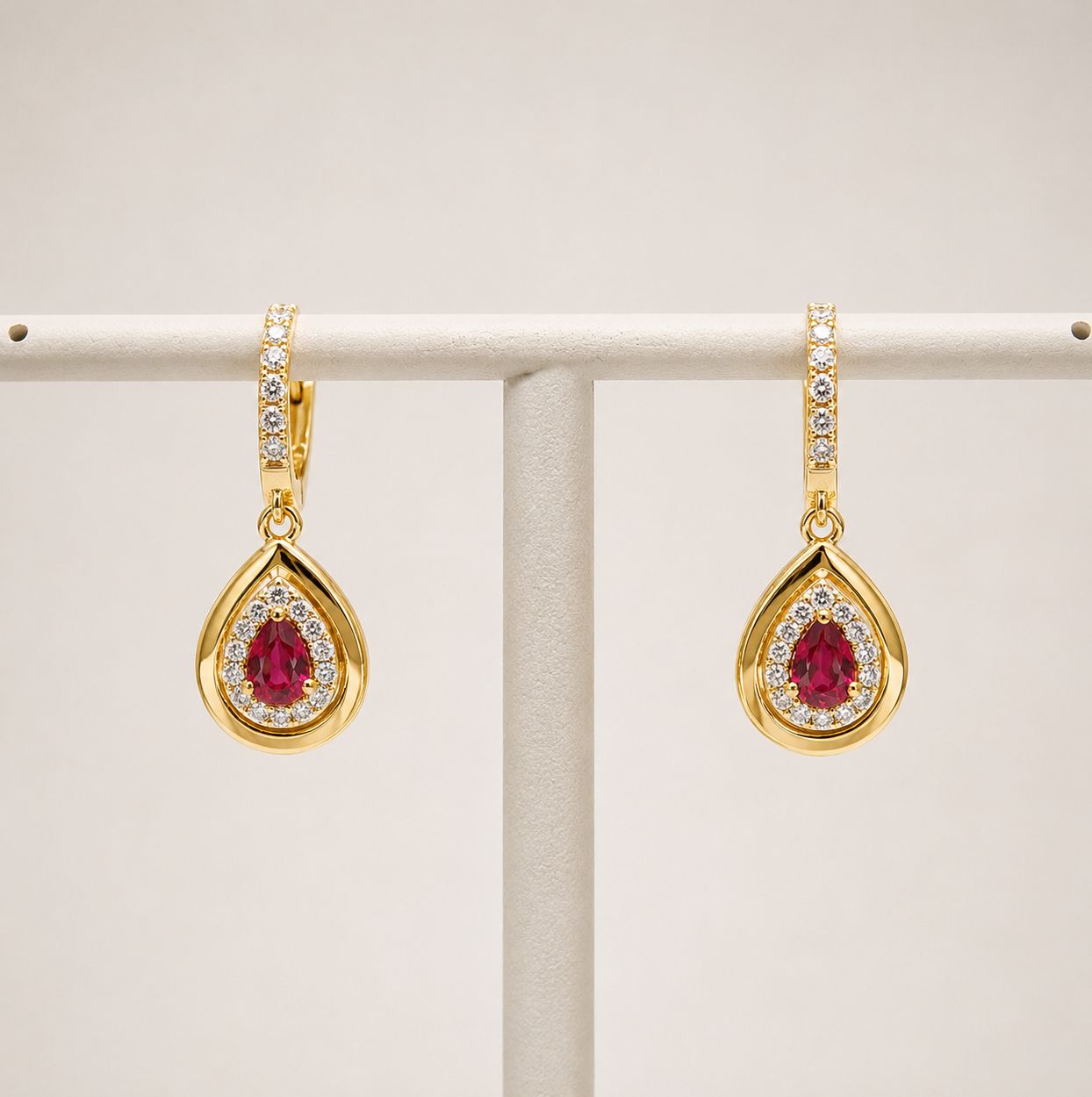 Gold Frame Ruby Halo Diamonds Pear Shape Dangle Earrings