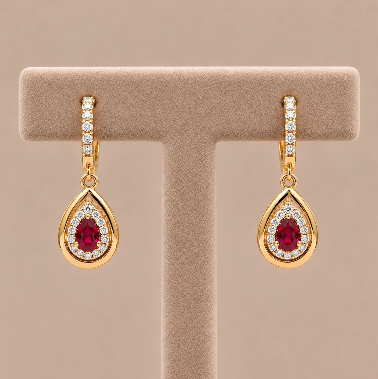 Gold Frame Ruby Halo Diamonds Pear Shape Dangle Earrings
