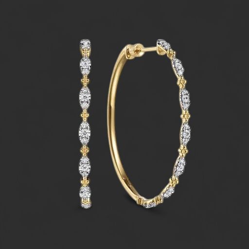 14K Yellow Gold Diamond Intricate Hoop Earrings