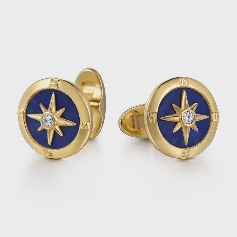 14K Yellow Gold Round Compass Cufflinks with Diamond and Lapis