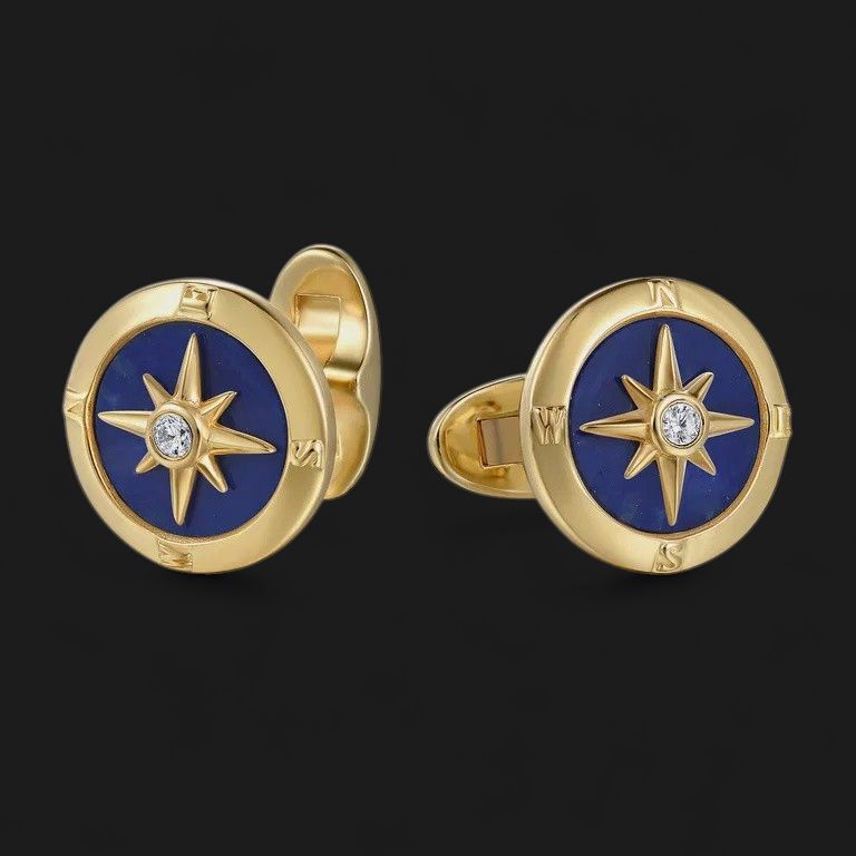 14K Yellow Gold Round Compass Cufflinks with Diamond and Lapis