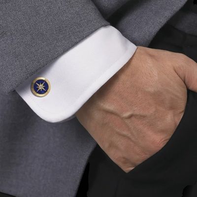 14K Yellow Gold Round Compass Cufflinks with Diamond and Lapis
