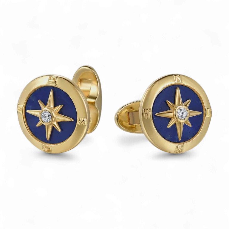 14K Yellow Gold Round Compass Cufflinks with Diamond and Lapis