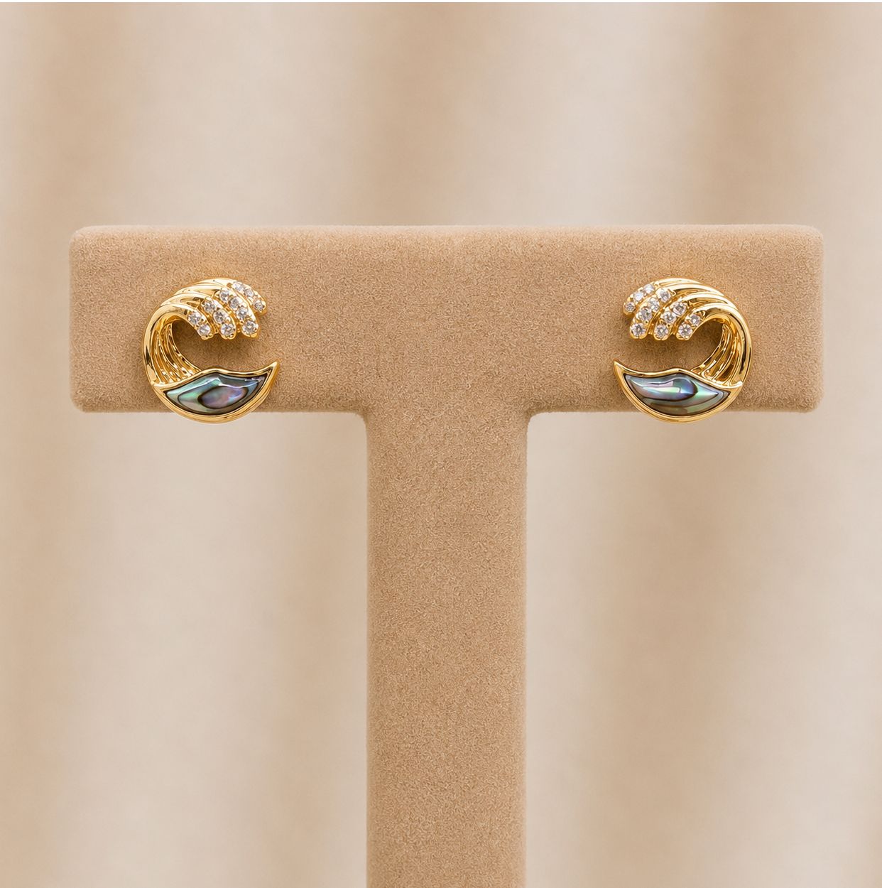 Gold Abalone &amp; Diamond Ocean Wave Earrings