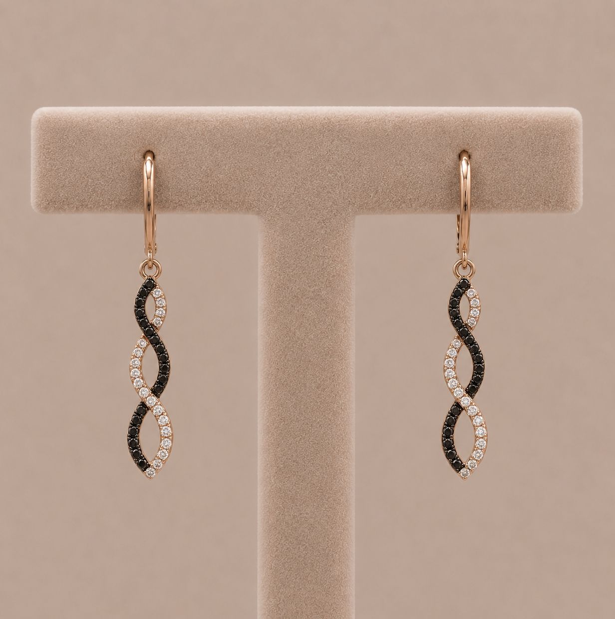 Rose Gold Black Diamond Infinity Dangle Earrings