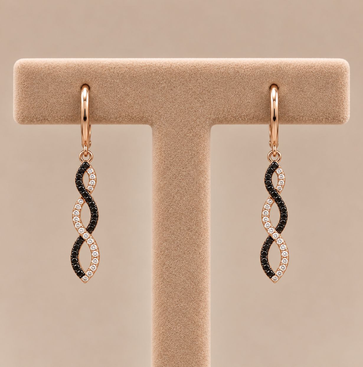 Rose Gold Black Diamond Infinity Dangle Earrings