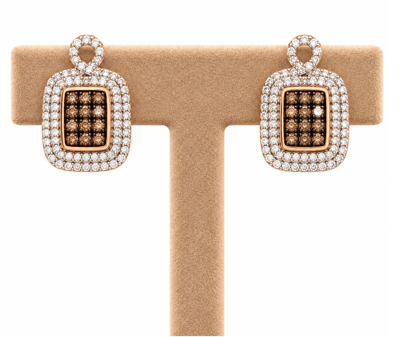 Chocolate Diamond Double Halo Square Earrings