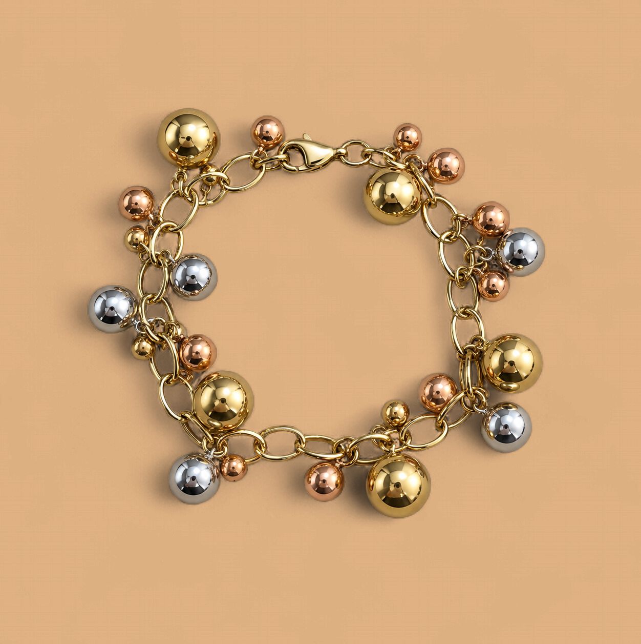 Tri-Tone Gold Alternating Bead Dangle Charm Bracelet (12.3g)