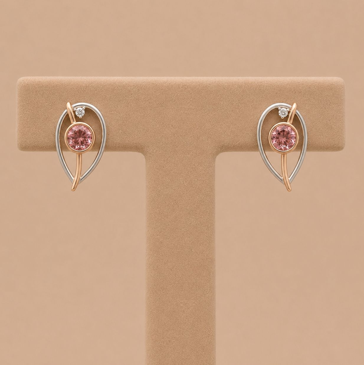 Rose &amp; White Gold Pink Tourmaline Diamond Earrings