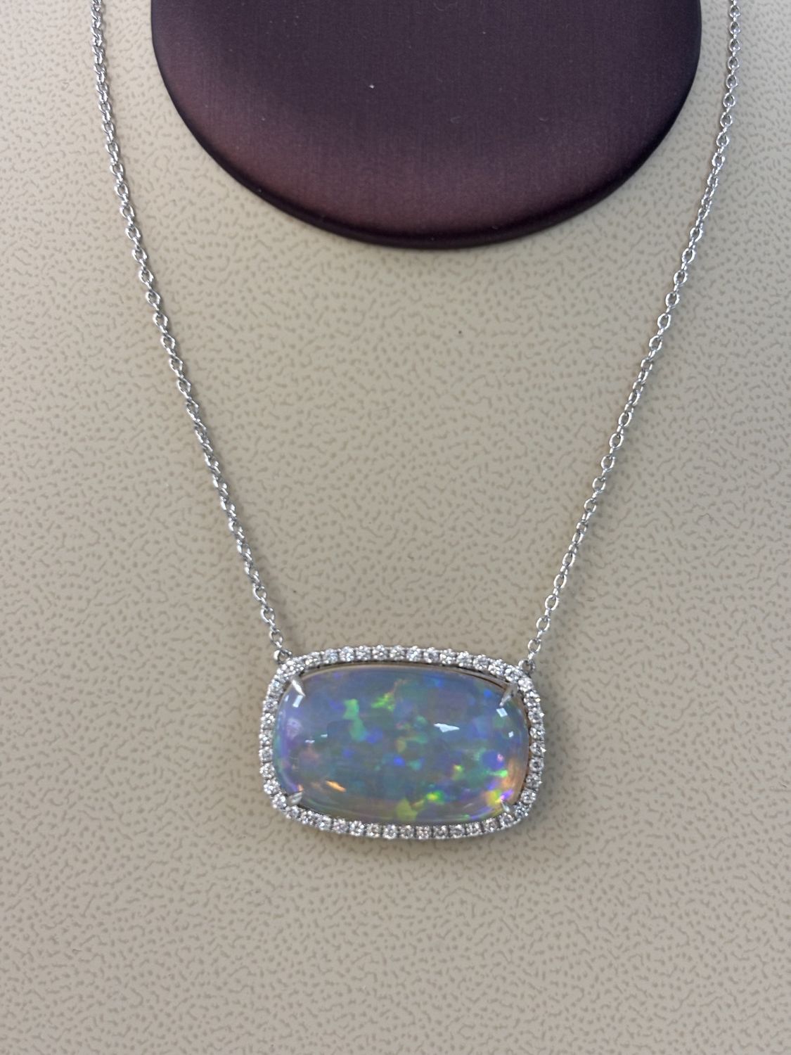 14K White Gold Cushion-Cut Opal &amp; Diamond Halo Pendant