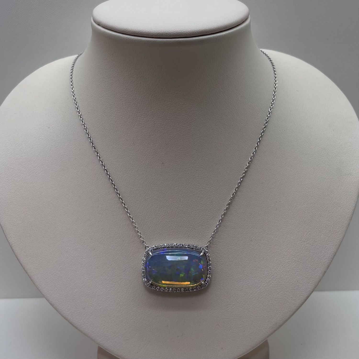 14KW Cushion-Cut Opal &amp; Diamond Halo Pendant David Kord