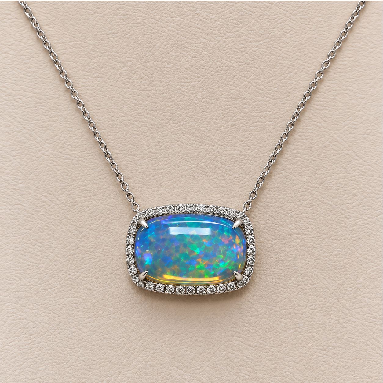 White Gold Cushion-Cut Opal Diamond Halo Pendant