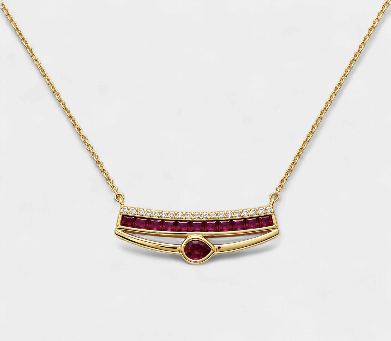 Ruby Bar Diamond Halo Necklace