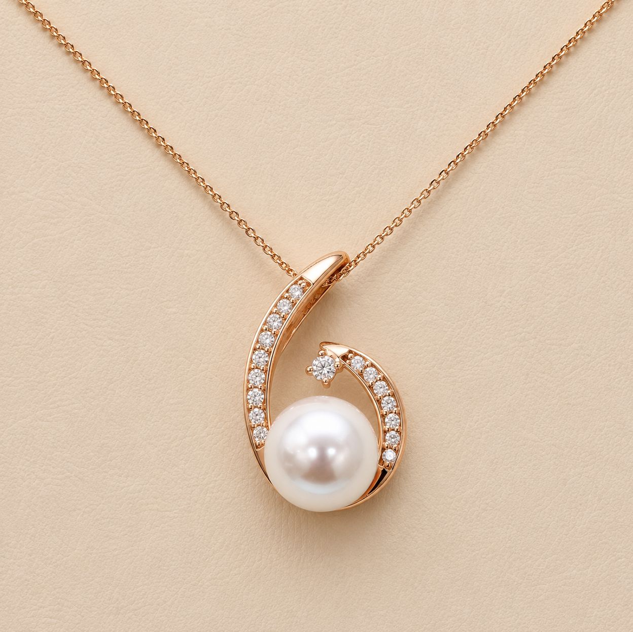 Rose Gold Pearl &amp; Diamond Pendant w/Chain