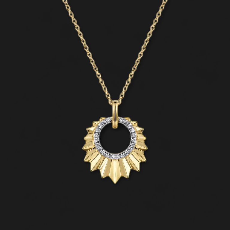 14K Yellow Gold Diamond and Diamond Cut Texture Pendant Necklace