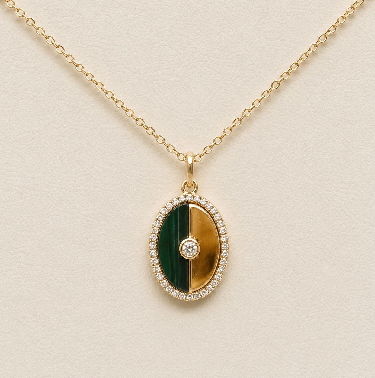 Gold Oval Malachite Diamond Halo Pendant
