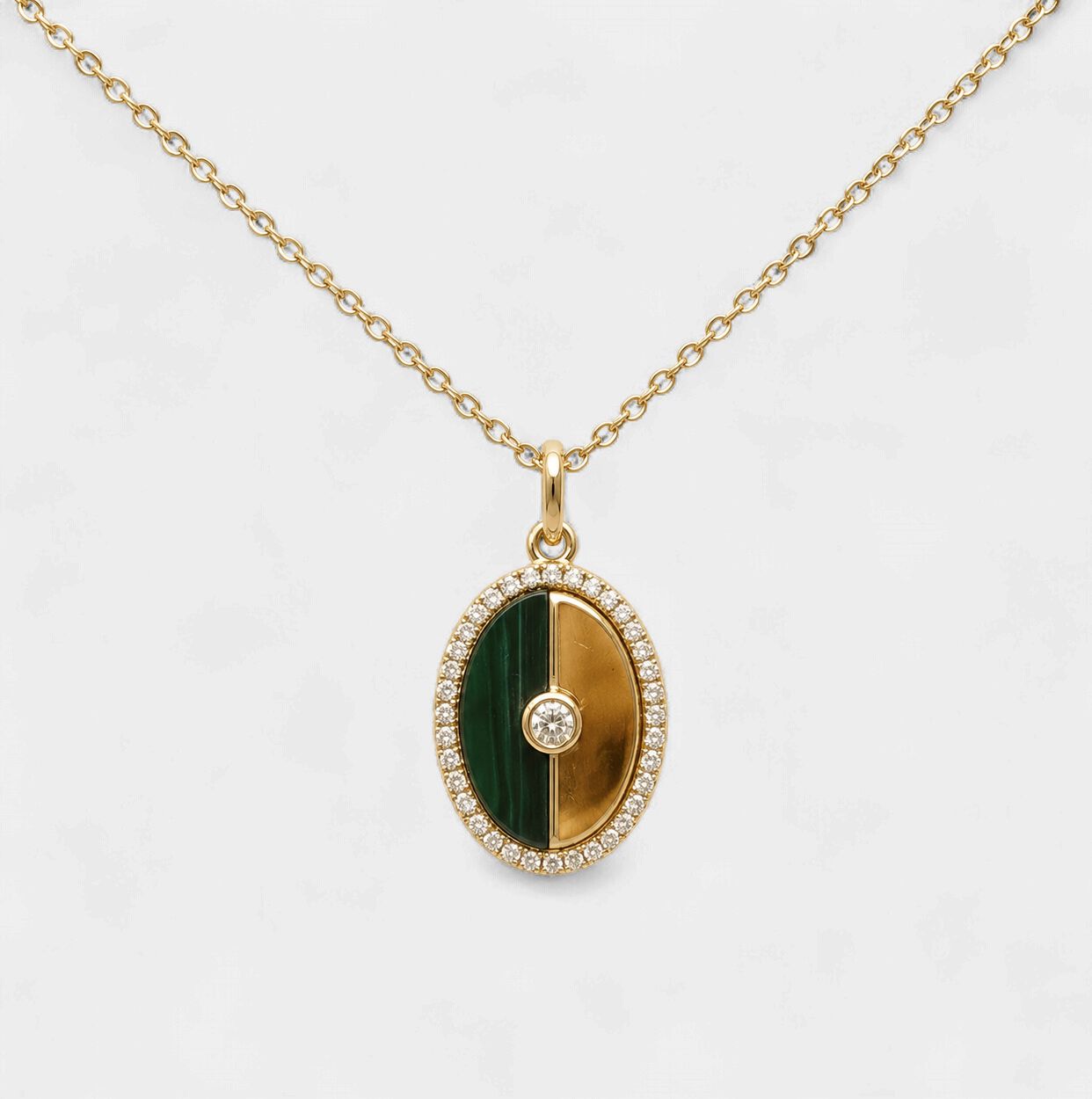 Oval Split Malachite Diamond Halo Pendant