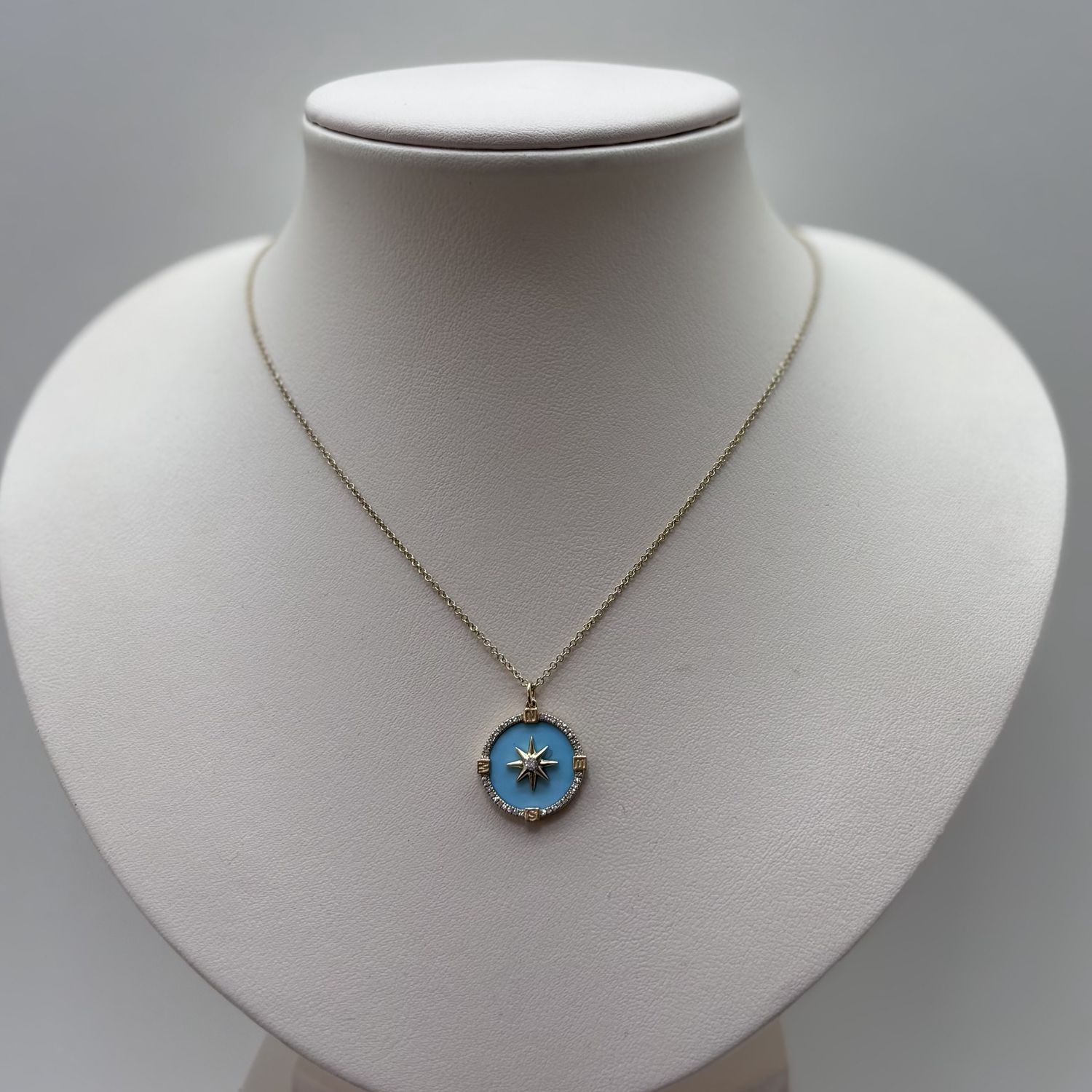 14KY Turquoise &amp; Diamond Compass Star Medallion Pendent Bassali