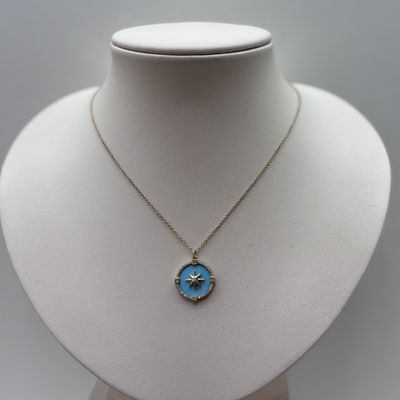 14KY Turquoise &amp; Diamond Compass Star Medallion Pendent Bassali