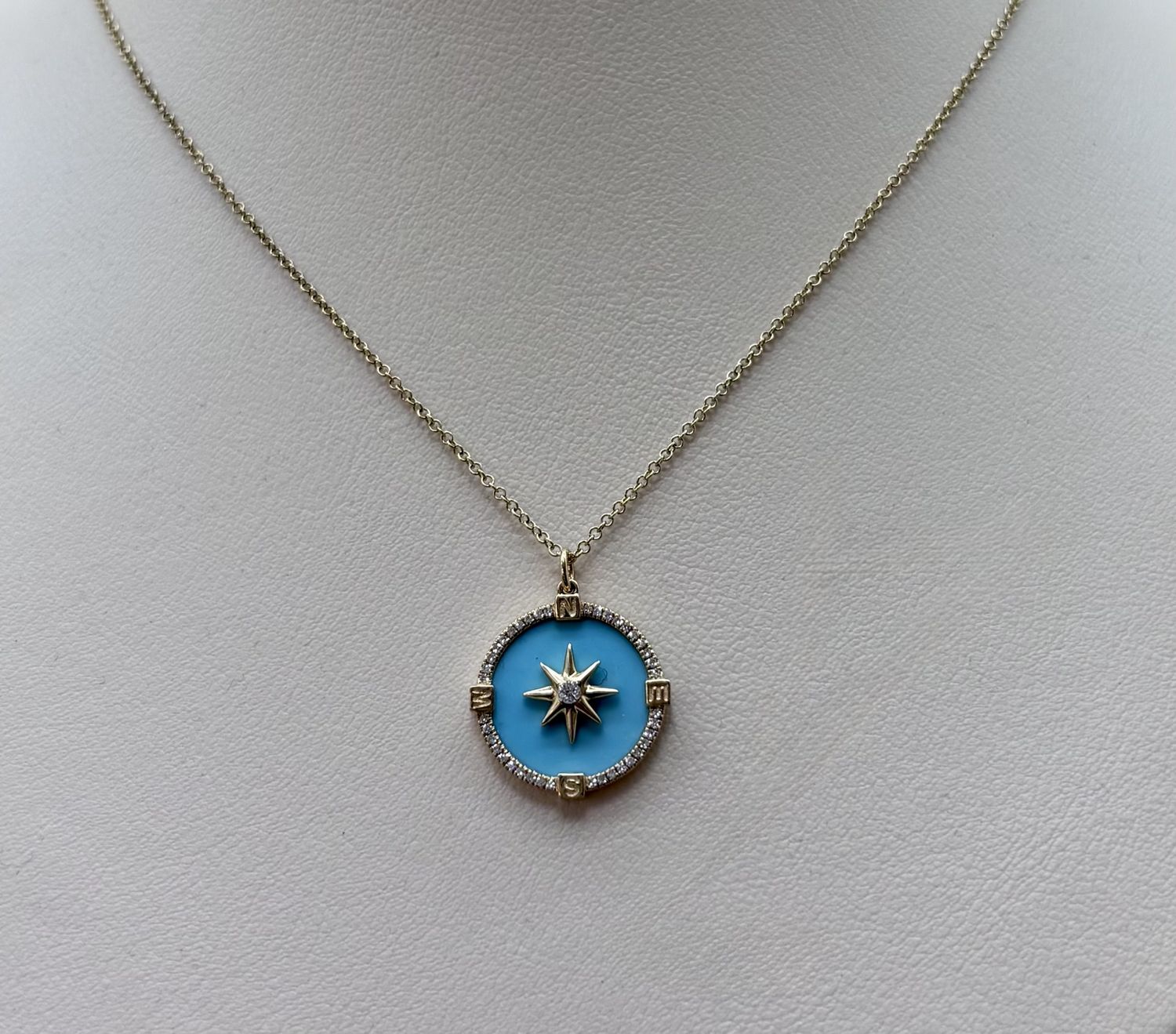 14KY Turquoise &amp; Diamond Compass Star Medallion Pendent