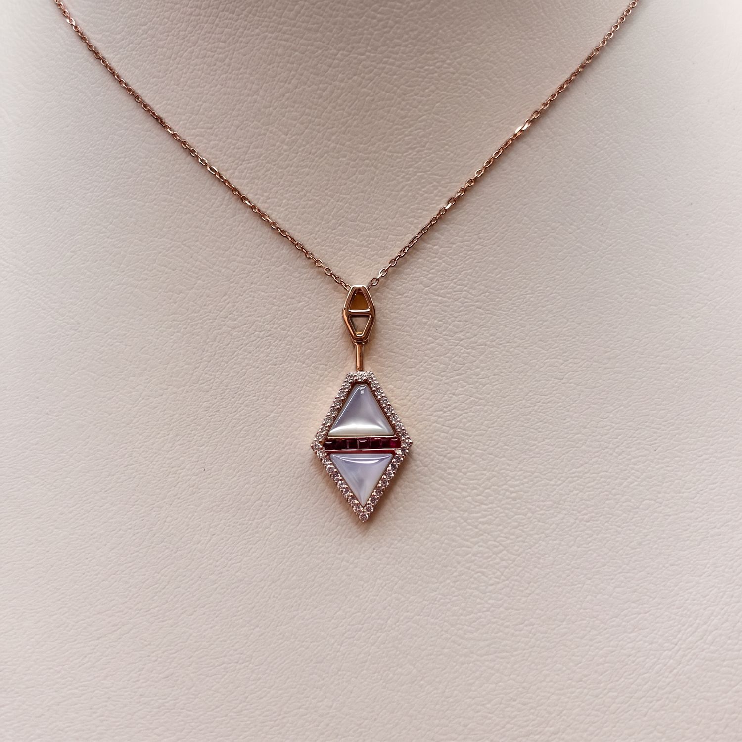 Mother of Pearl Ruby &amp; Diamond Halo Kite Necklace