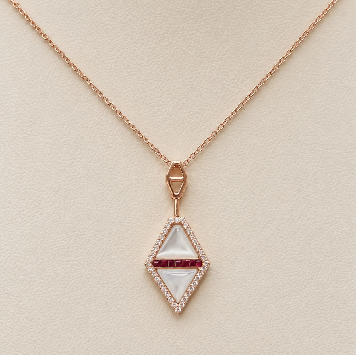 Mother of Pearl. Ruby, Diamond Halo Kite Pendant