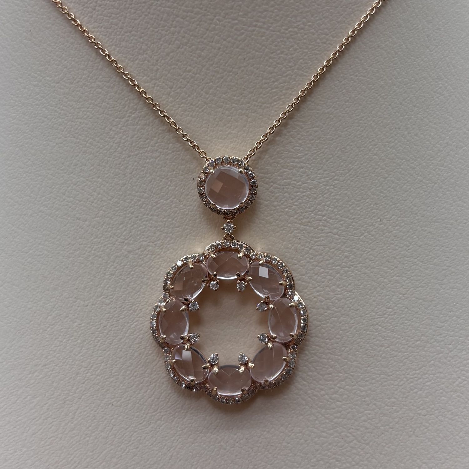 14KR Pink Quartz &amp; Diamond Wreath Pendant