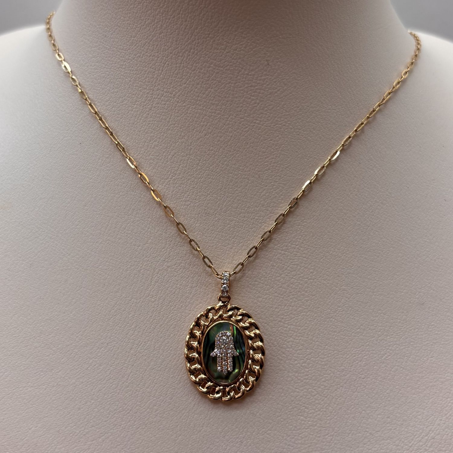 14KY Oval Iridescent Diamond Hamsa Necklace
