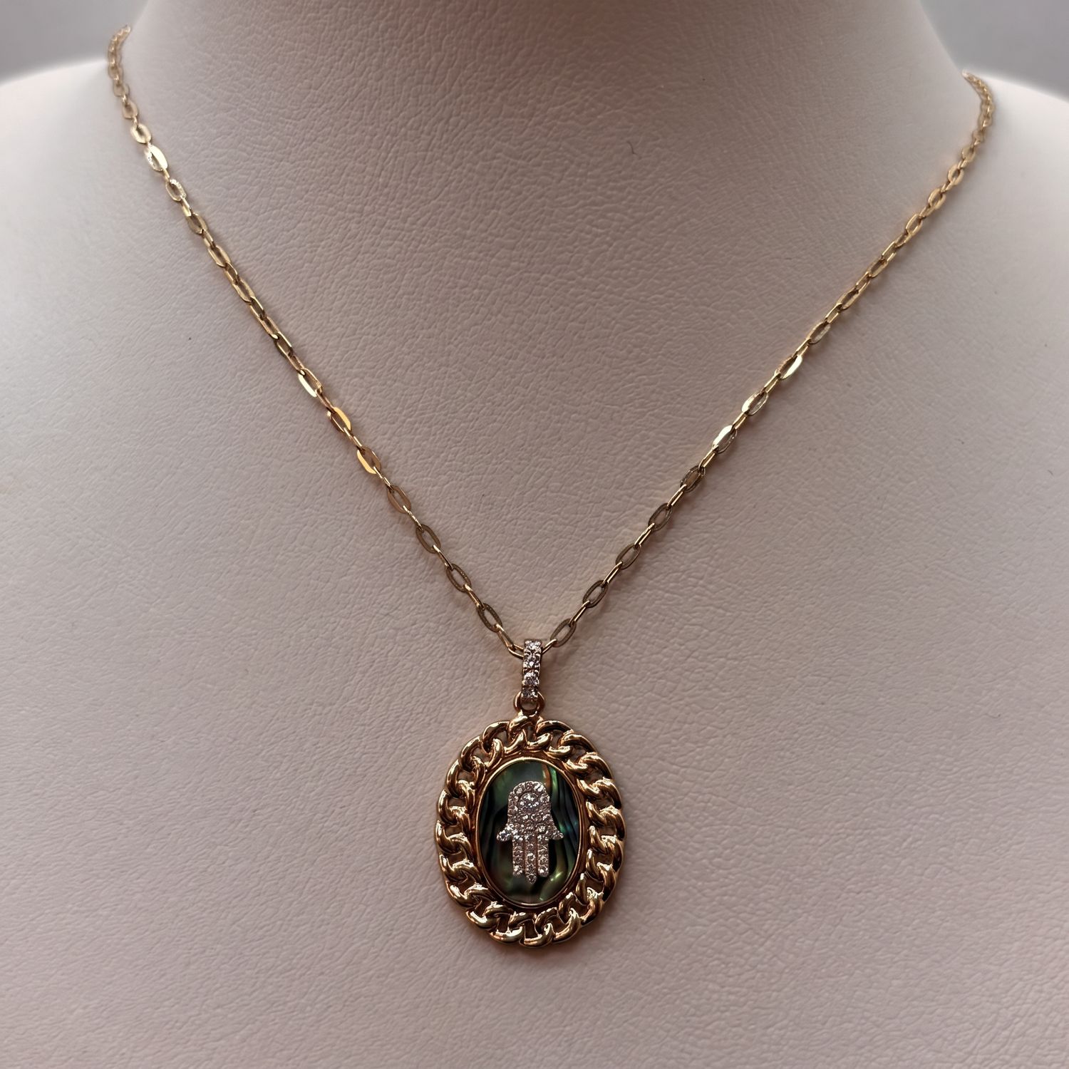 14KY Oval Iridescent Diamond Hamsa Necklace