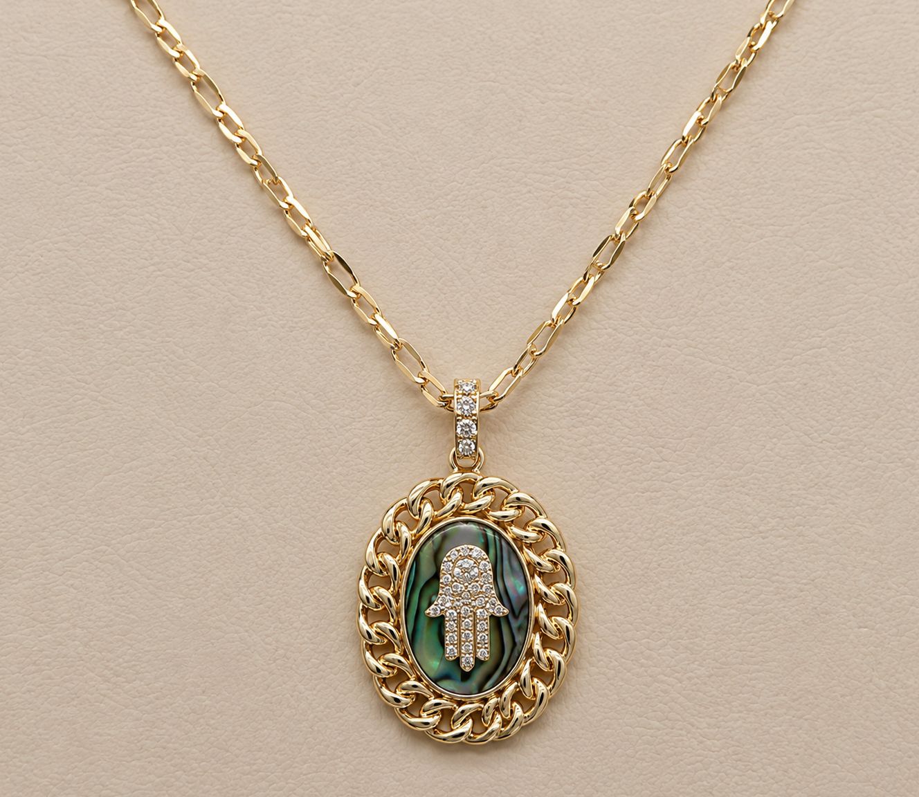 Gold Oval Iridescent Abalone Diamond Hamsa Necklace