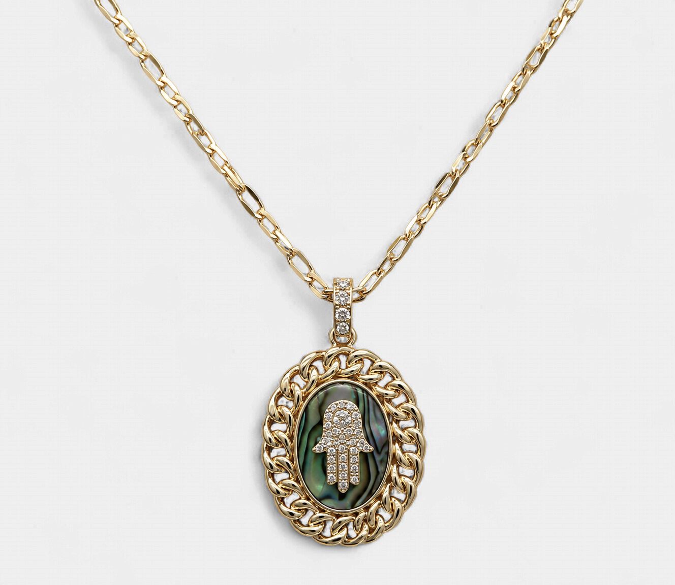 Oval Iridescent Abalone Diamond Hamsa Necklace