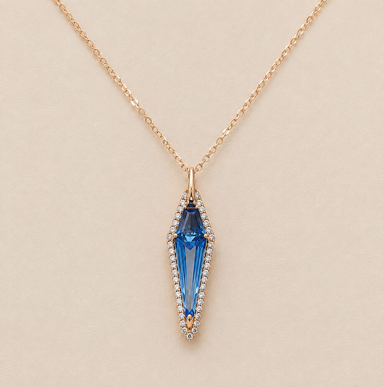 Rose Gold Blue Topaz Diamond Halo Pendant