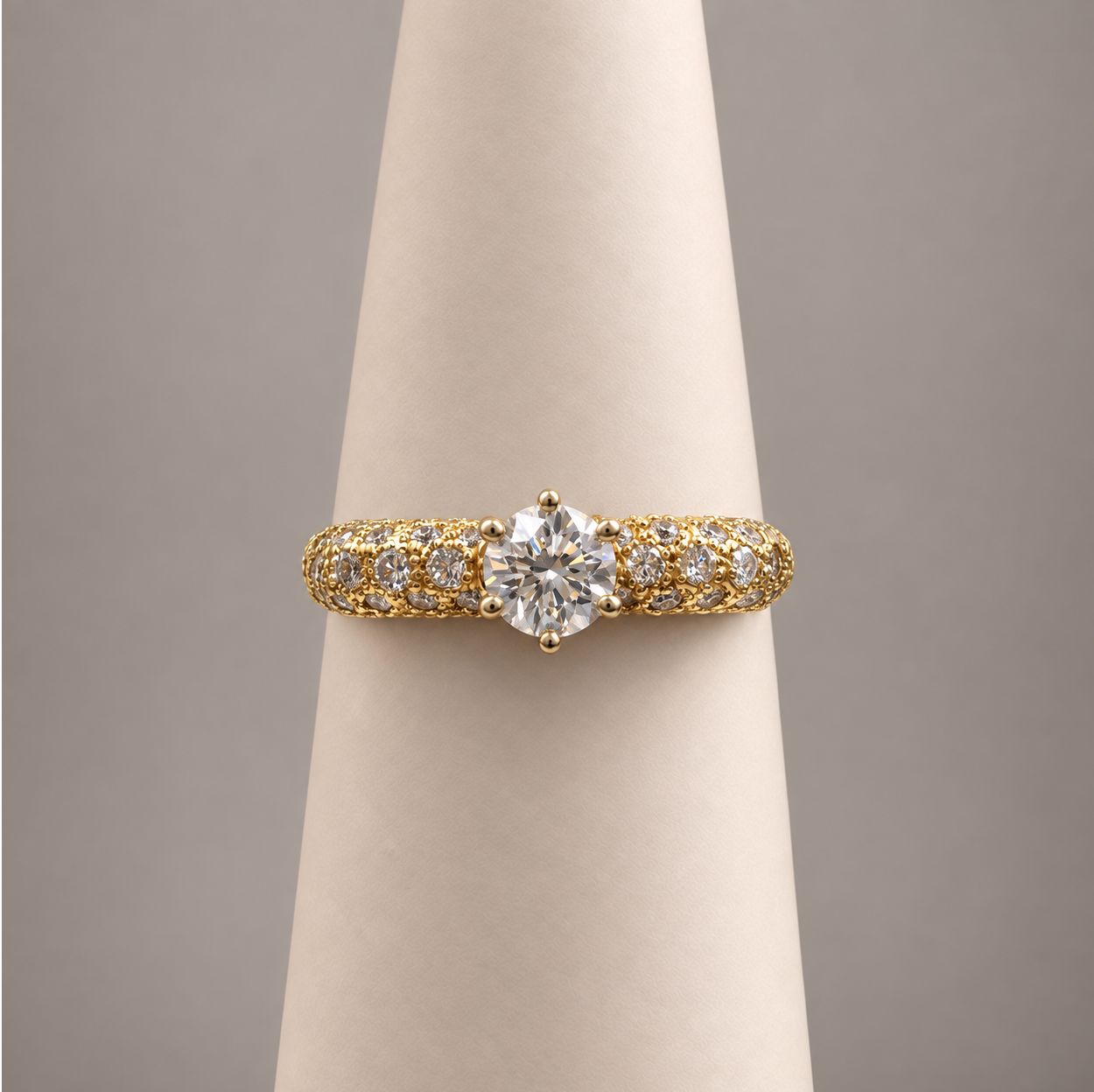 Gold  Multi-Row Pavé Diamond Ring with Round Center Stone