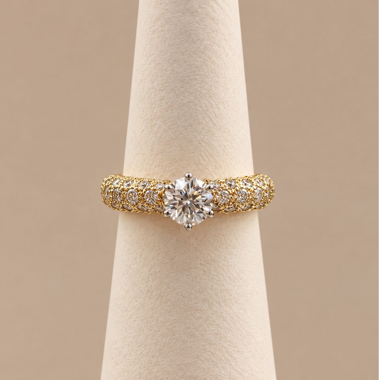 Gold  Multi-Row Pavé Diamond Ring with Round Center Stone