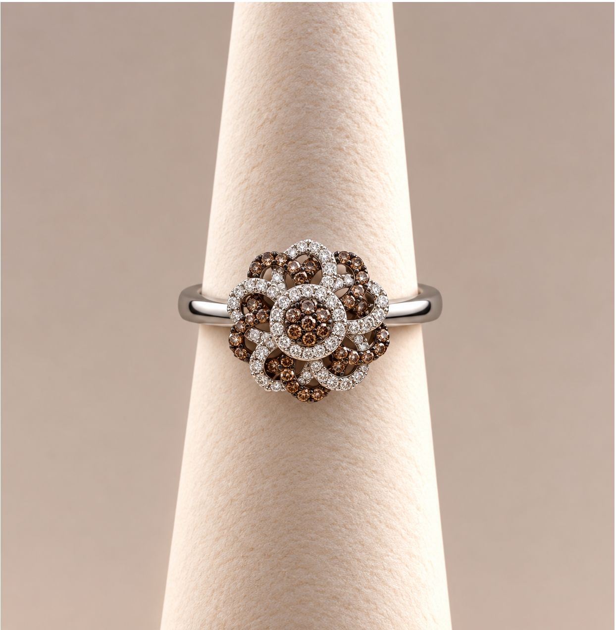 Chocolate Diamond Flower Ring in White Gold
