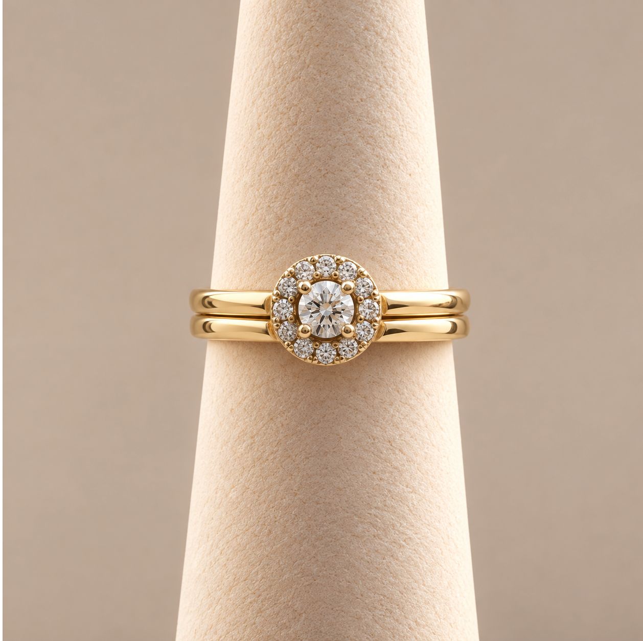 Double-Band Round Halo Diamond Gold Ring