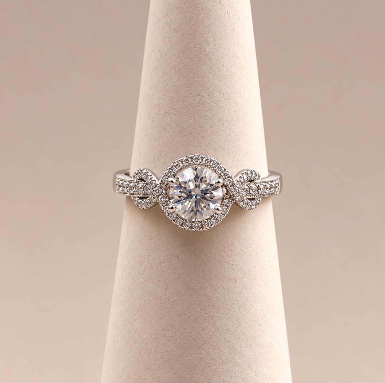 "Aria" Round Diamond Halo Ring with Twist Accent Band