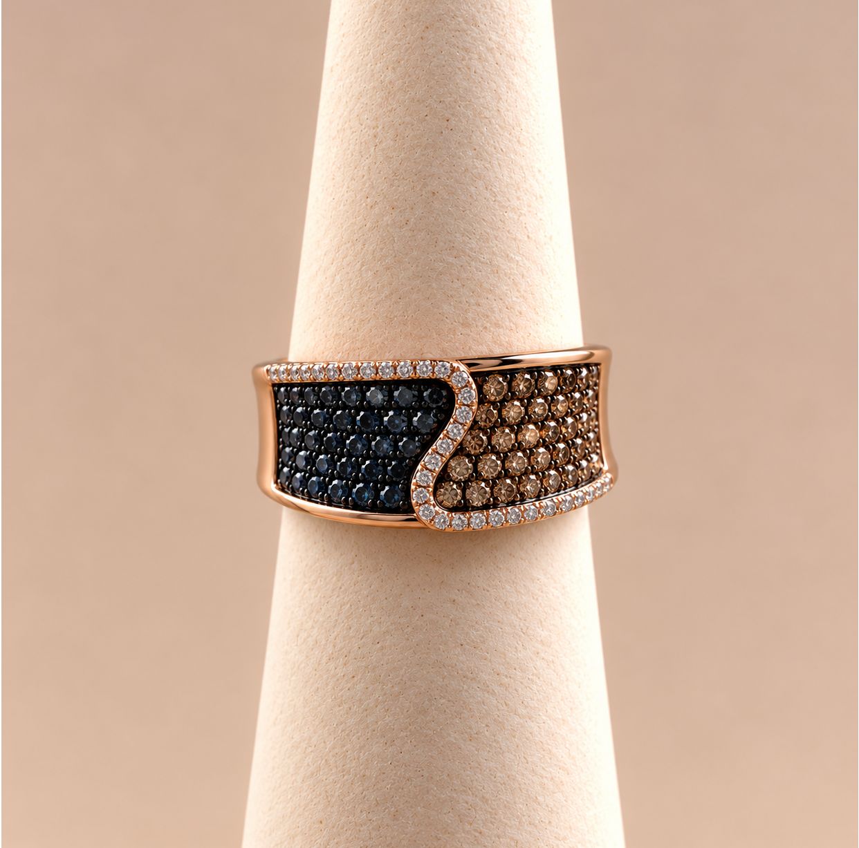 Chocolate and Blue Diamond Pavé Wave Ring in Rose Gold