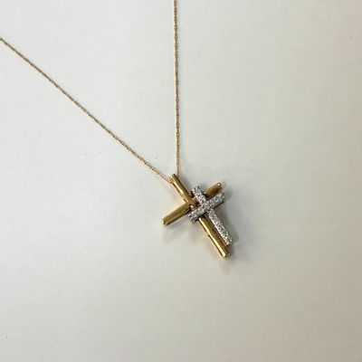 10KY Double Cross Diamond Pendant with Chain
