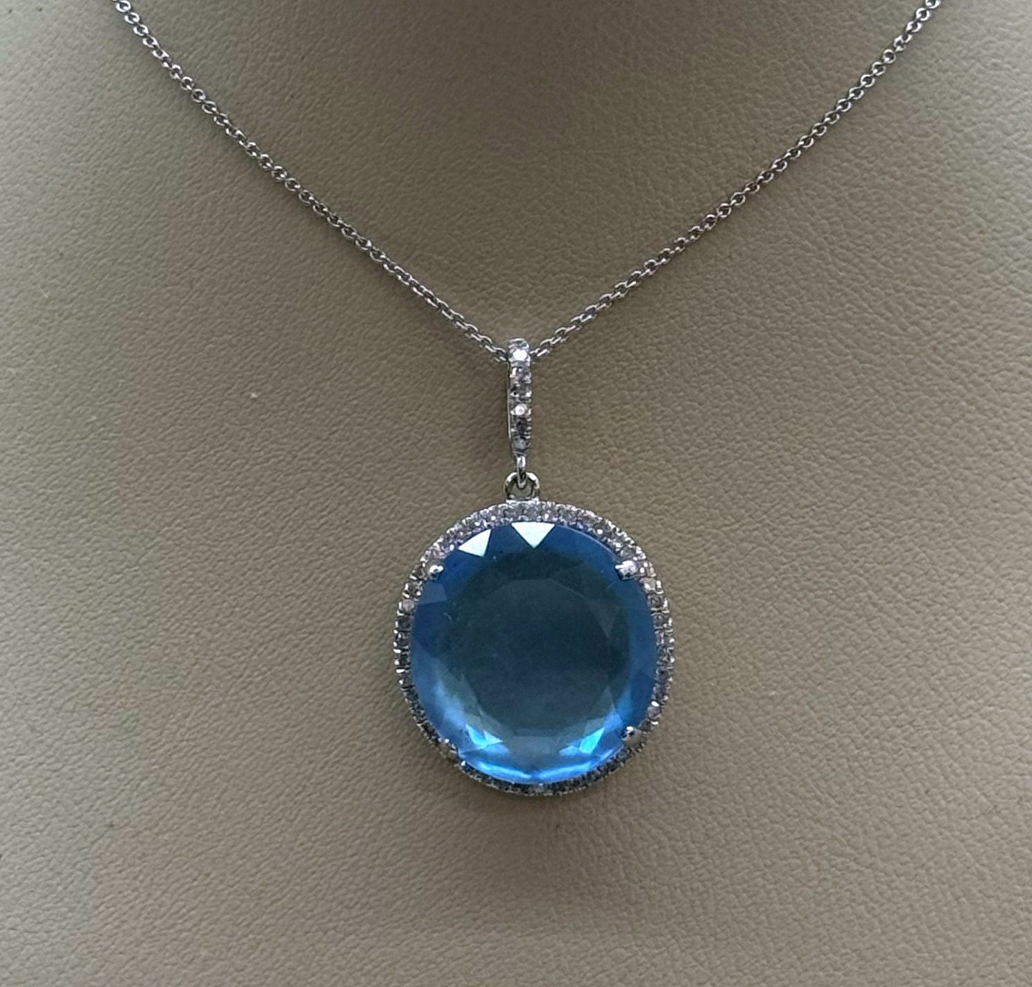 14KW Blue Topaz Diamond Pendant
